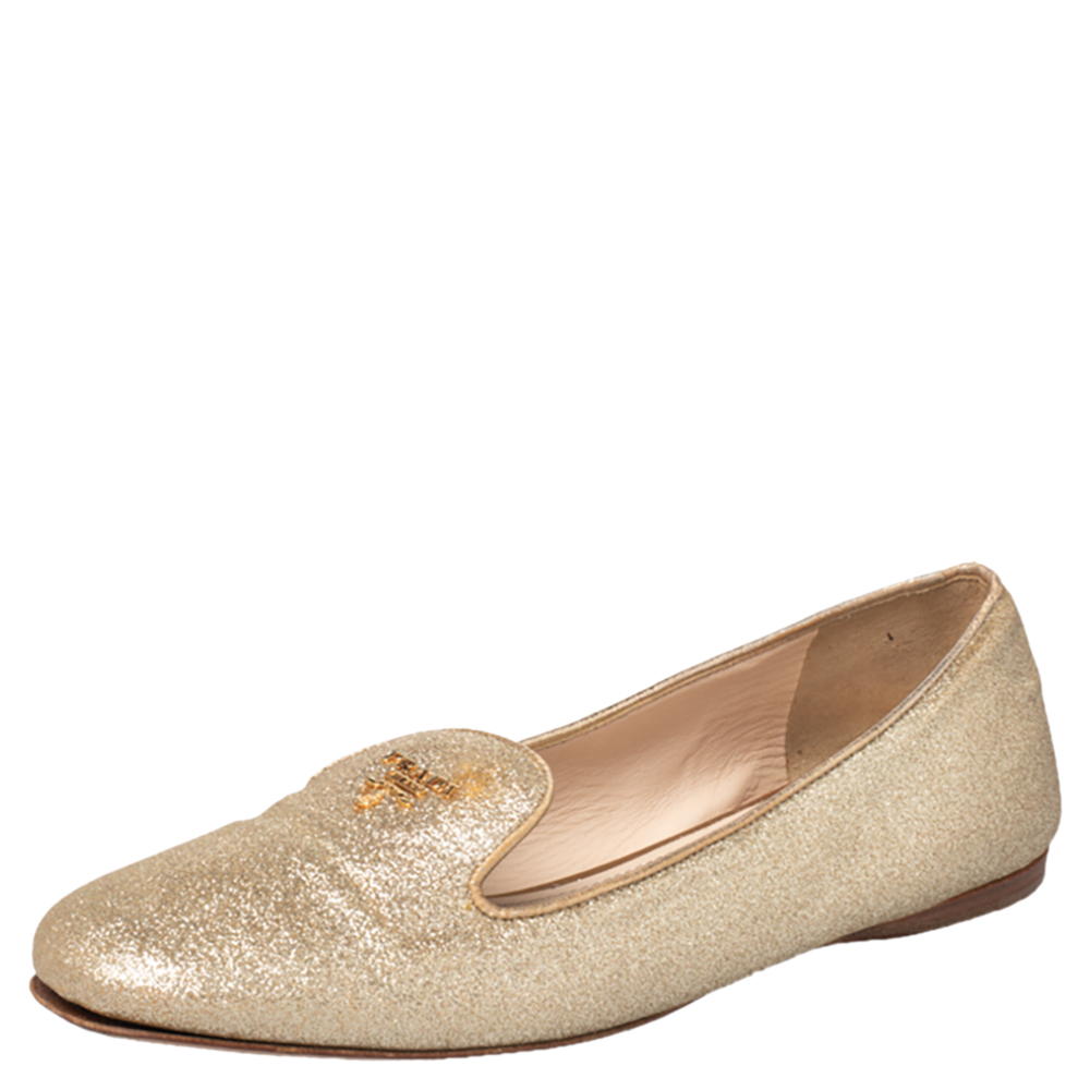 luxury-women-prada-used-shoes-p466627-007 Prada Gold Glitter Smoking Slippers Size 37