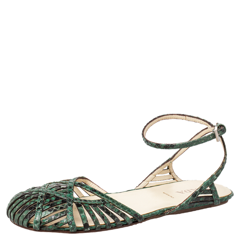 luxury-women-prada-used-shoes-p466665-009 Prada Green/Black Python Flat Ankle Strap Sandals Size 37