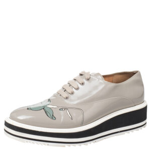 Prada Grey Leather Flower Print Platform Lace Up Oxford Size 38