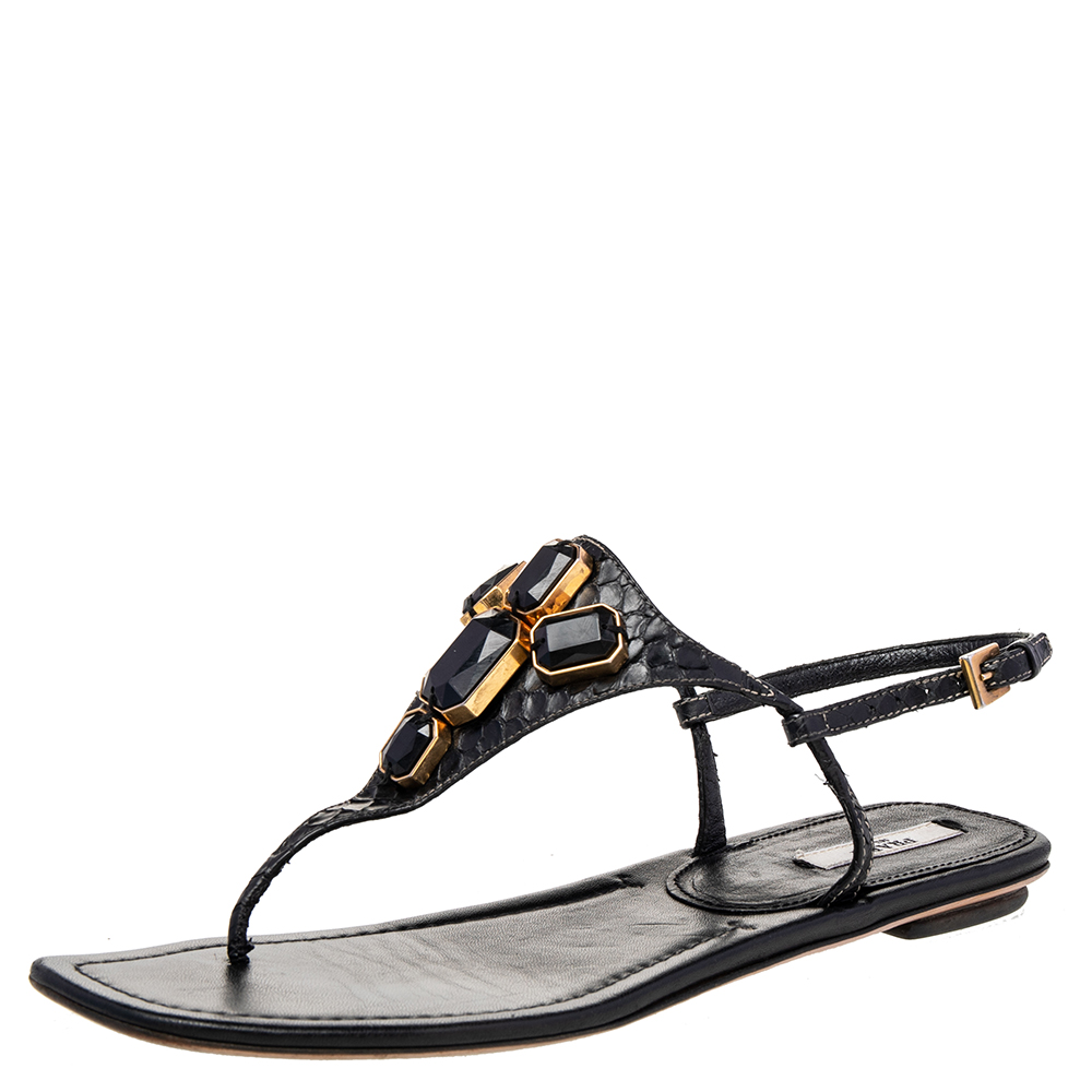 luxury-women-prada-used-shoes-p471698-001 Prada Black Python Embellished Thong Flat Sandals Size 38