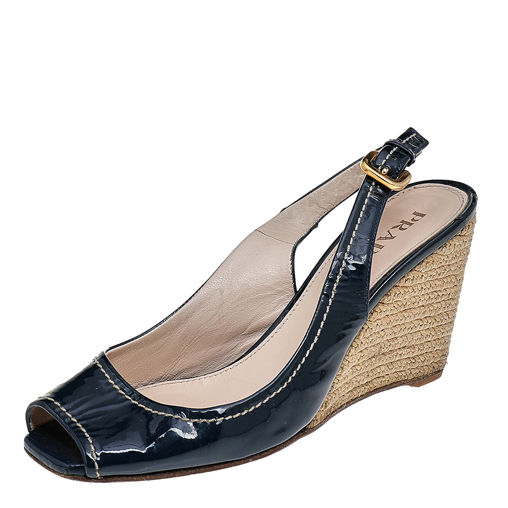 luxury-women-prada-used-shoes-p521234-005-2 Prada Navy Blue Patent Leather Peep Toe Wedges Espadrilles Slingback Sandals Size 36
