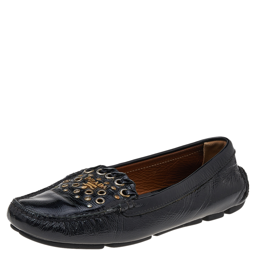 luxury-women-prada-used-shoes-p541091-001-1 Prada Black Patent Leather Studded Slip On Loafers Size 36