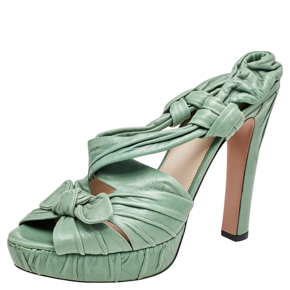 luxury-women-prada-used-shoes-p584262-009-2 Prada Green Pleated Leather Bow Detail Slingback Platform Sandals Size 40