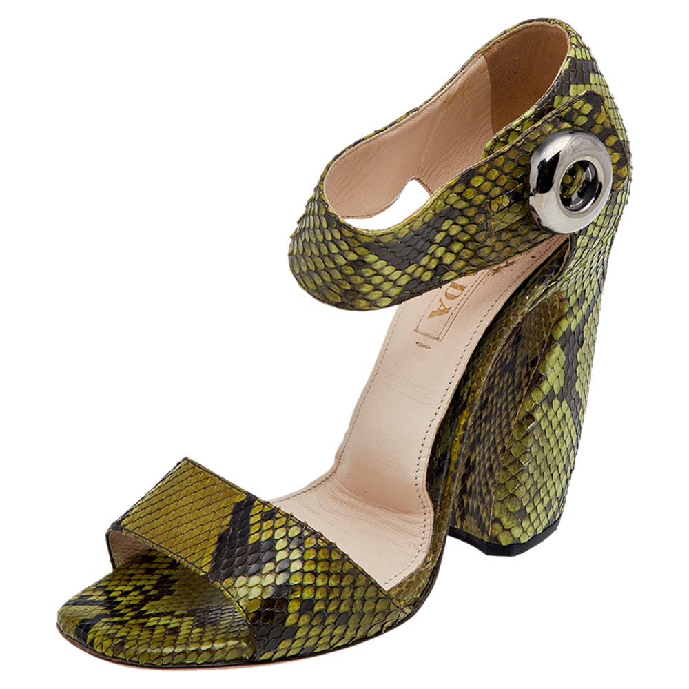 luxury-women-prada-used-shoes-p586780-010-2 Prada Green Python Leather Ankle Strap Sandals Size 38.5