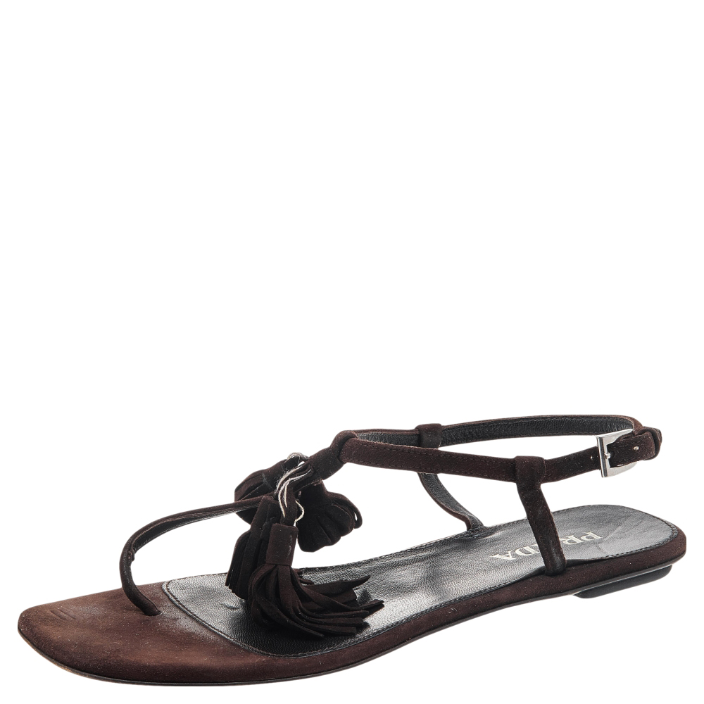 luxury-women-prada-used-shoes-p594690-006-2 Prada Brown Suede Tassel Thong Sandals Size 37