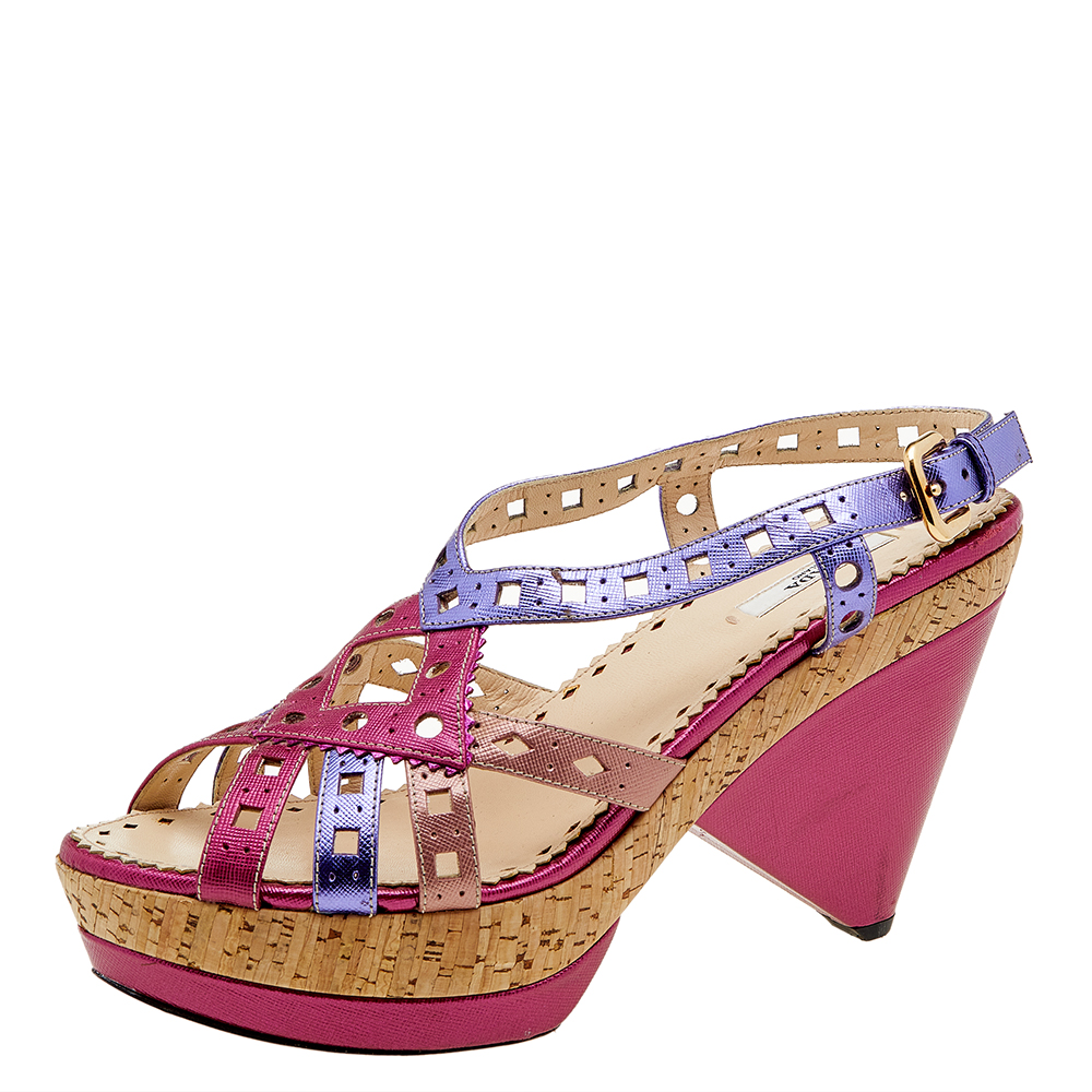 luxury-women-prada-used-shoes-p611338-008-2 Prada Multicolor Leather Cork Heel Platform Slingback Sandals Size 41
