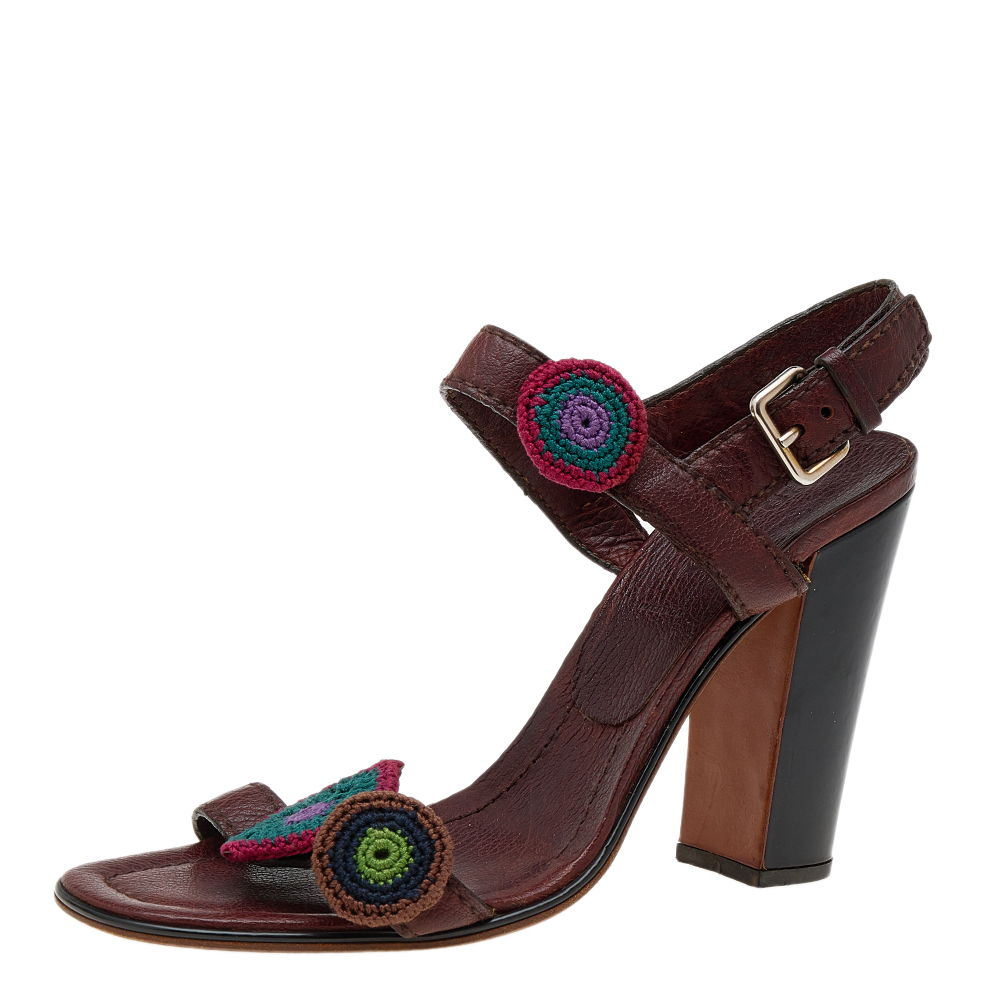 luxury-women-prada-used-shoes-p612727-005-1 Prada Brown Leather Floral Embroidered Patches Ankle Strap Sandals Size 40