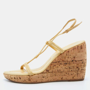 Prada Yellow Leather Ankle Strap Wedge Sandals Size 39
