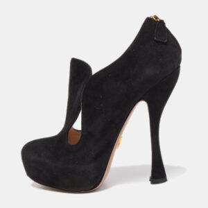 Prada Black Suede Zip detail Cut Out Platform Booties Size 36.5