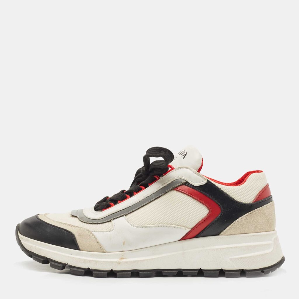 luxury-women-prada-used-shoes-p816609-003 Prada Tricolor Mesh and Leather Low Top Sneakers Size 38