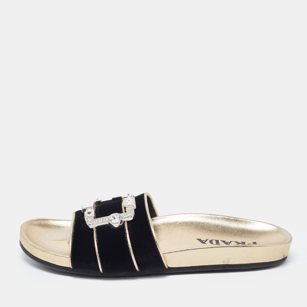 Prada Black Velvet Embellished Buckle Slides Size 39.5