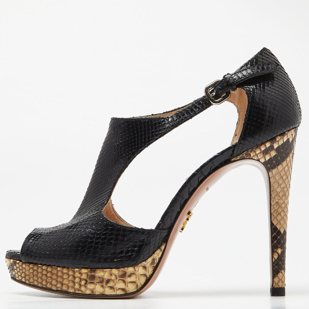 luxury-women-prada-used-shoes-p923641-010 Prada Black Python Leather Peep Toe Platform Ankle Strap Pumps Size 37.5