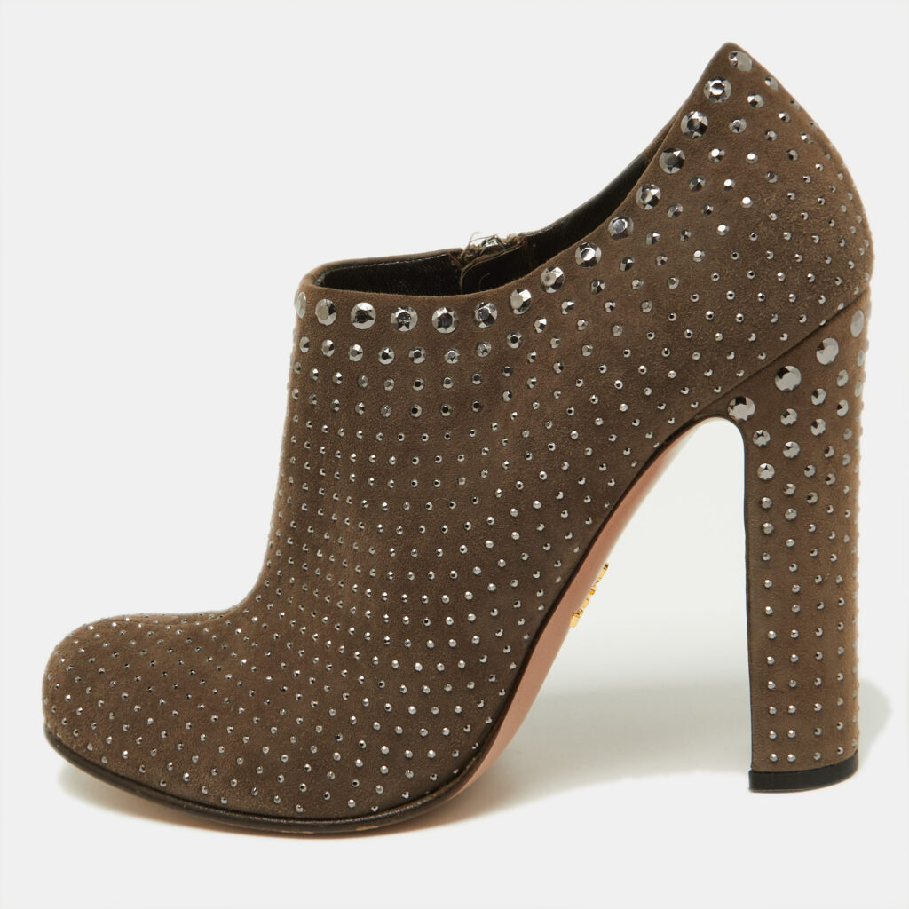 luxury-women-prada-used-shoes-p927184-005 Prada Brown Studded Suede Ankle Booties Size 38