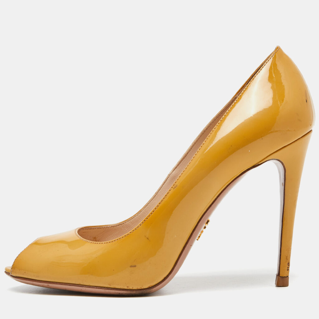 luxury-women-prada-used-shoes-p932319-002 Prada Mustard Patent Leather Peep Toe Pumps Size 38.5