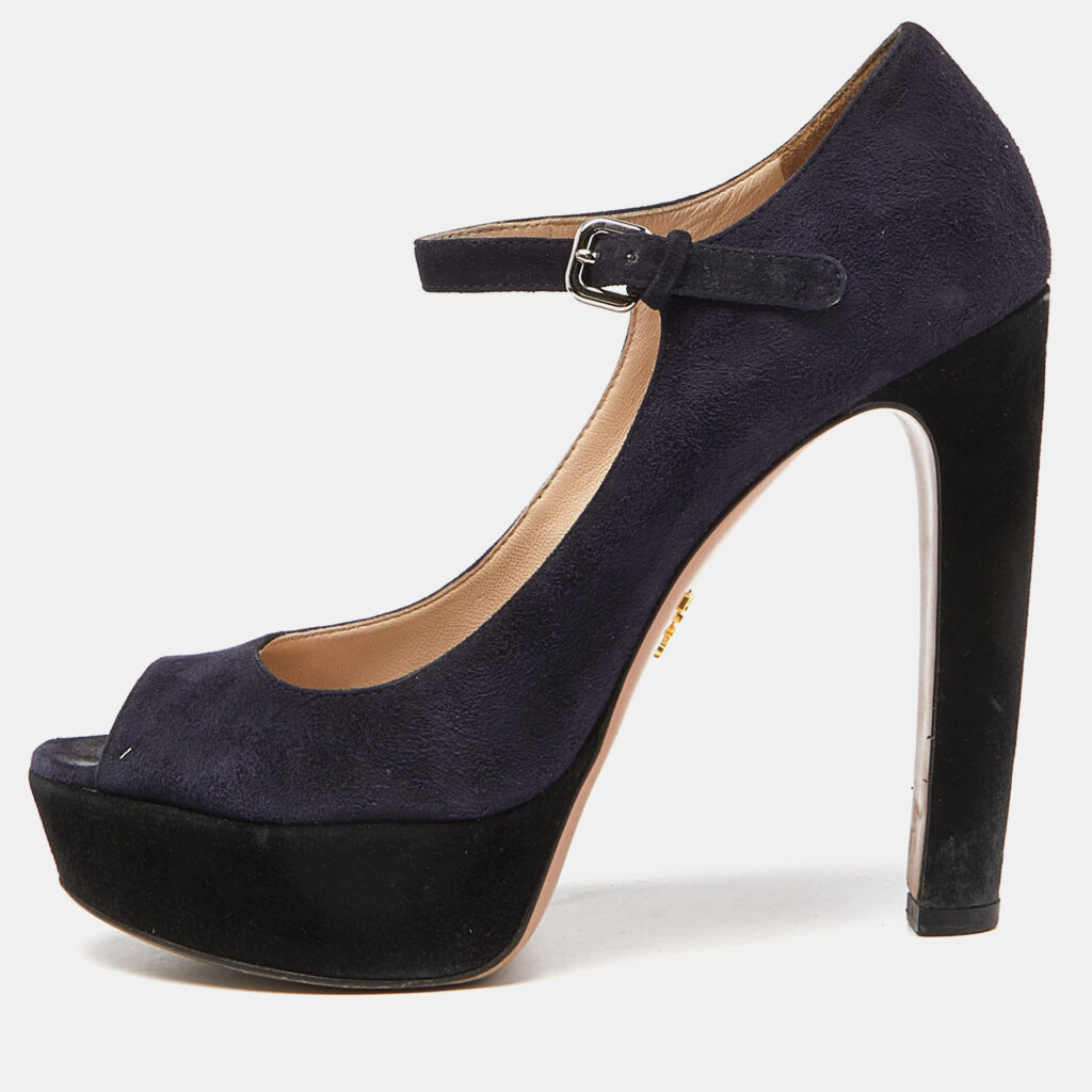 luxury-women-prada-used-shoes-p944401-001 Prada Blue/Black Suede Platform Ankle Strap Sandals Size 39.5