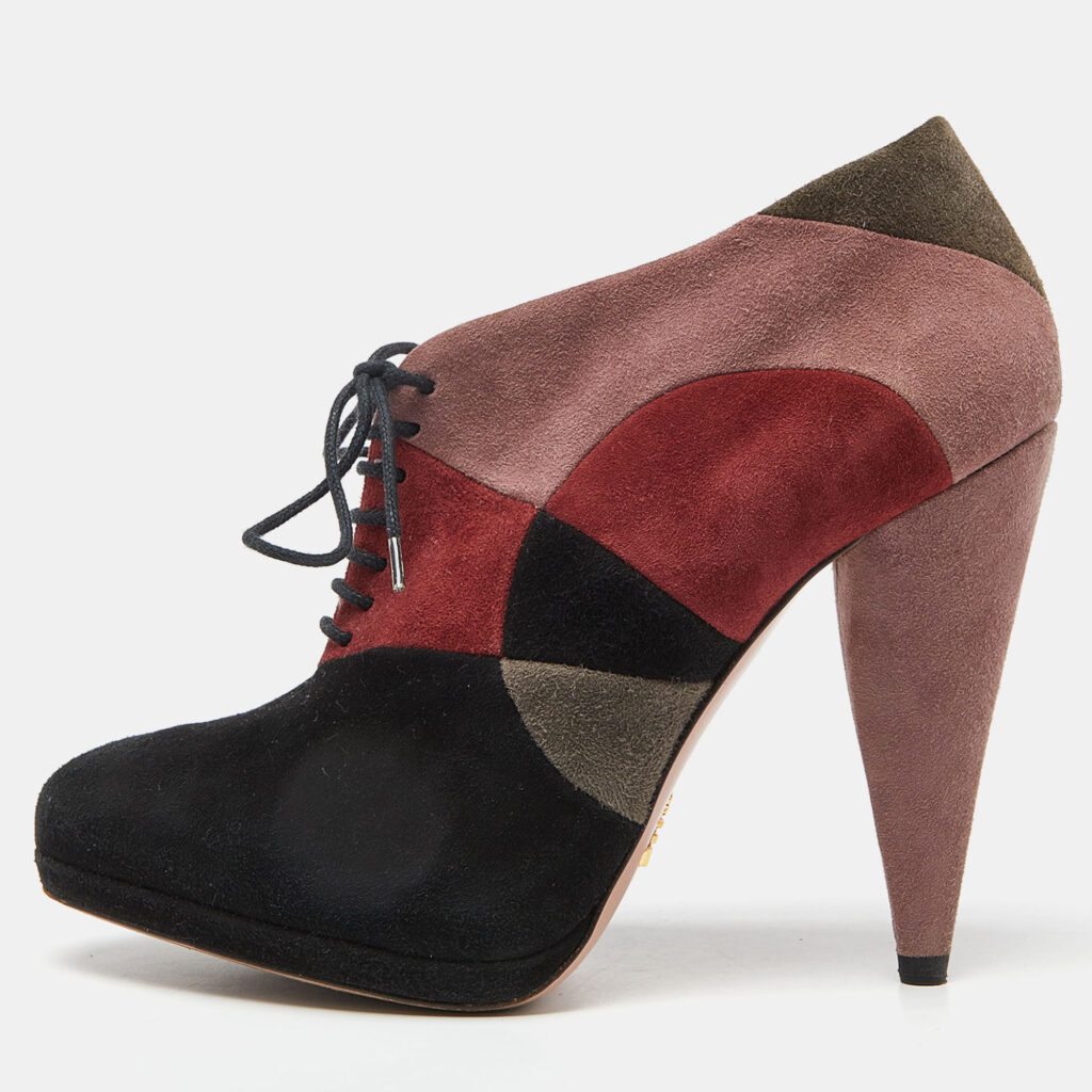 luxury-women-prada-used-shoes-p952545-010 Prada Multicolor Suede Lace Up Platform Booties Size 36.5
