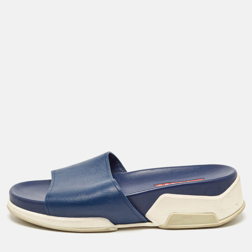 luxury-women-prada-used-shoes-p958356-010 Prada Navy Blue Leather Slides Size 37