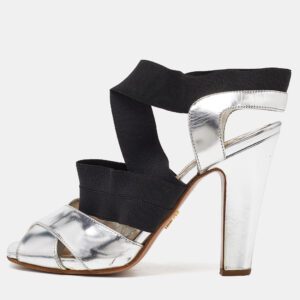 Prada Black/Silver Leather and Fabric Strappy Open Toe Sandals Size 37