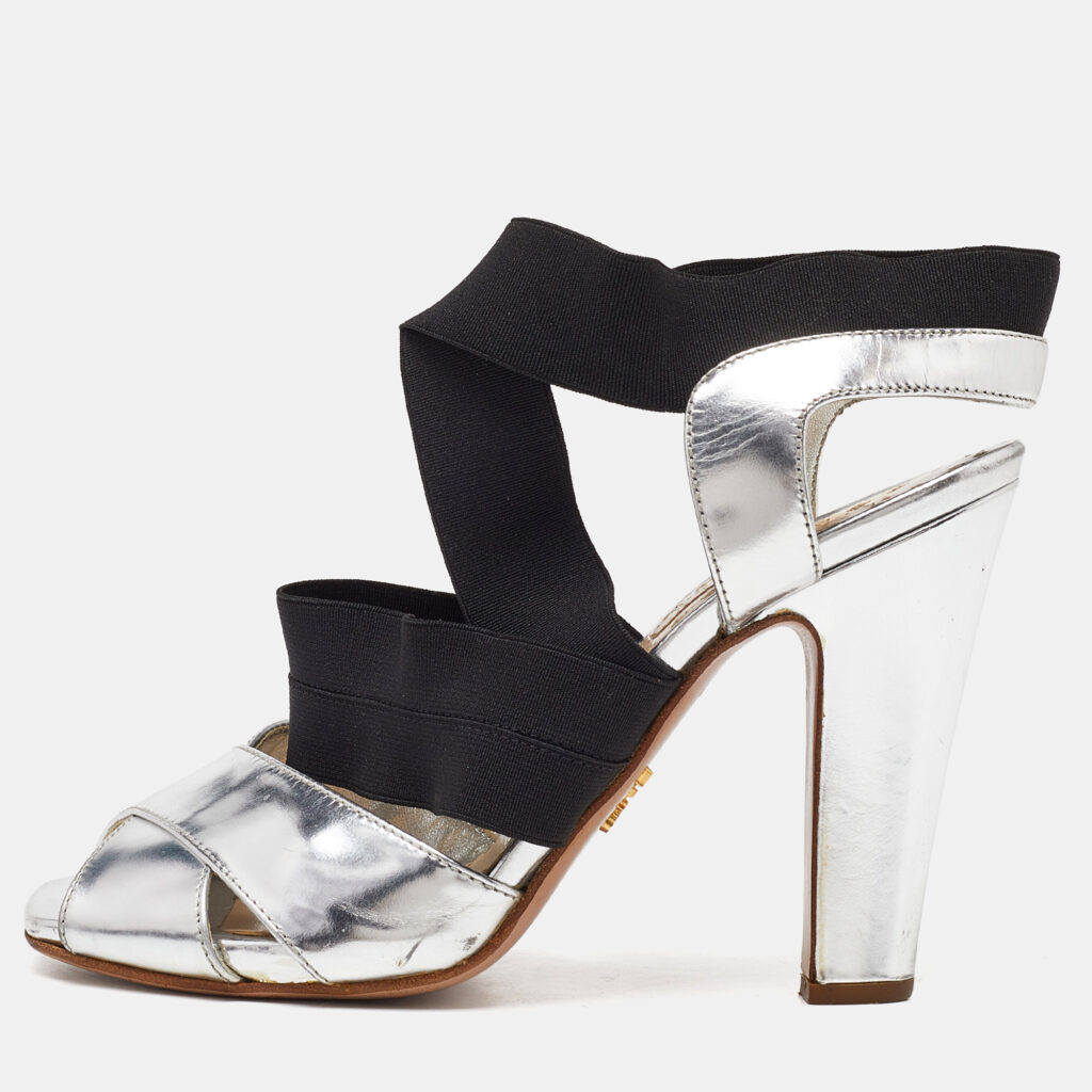 Prada Black/Silver Leather and Fabric Strappy Open Toe Sandals Size 37