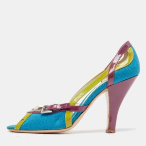 Prada Tricolor Canvas and Patent Leather Peep Toe Pumps Size 40.5