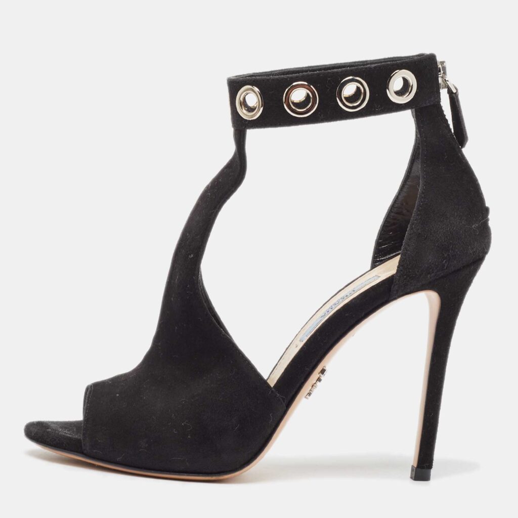 luxury-women-prada-used-shoes-p998572-003 Prada Black Suede Eyelet Detail T-Bar Ankle Strap Sandals Size 36
