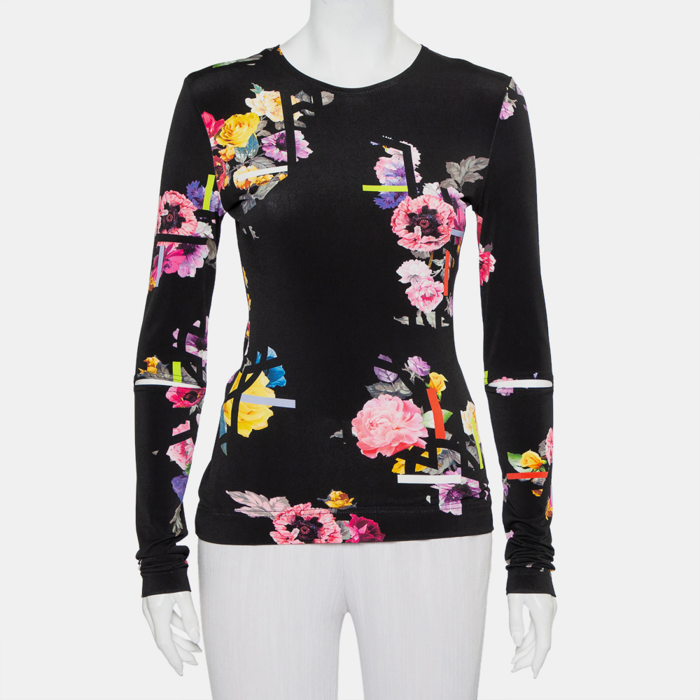 luxury-women-preen-by-thornton-bregazzi-used-clothes-p426549-009 Preen by Thornton Bregazzi Black Floral Printed Jersey Cutout Sleeve Detail Top M
