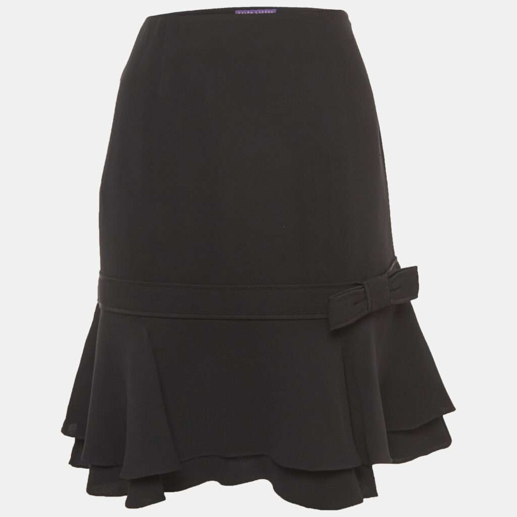 Ralph Lauren Collection Black Silk Bow Detail Ruffled Short Skirt L