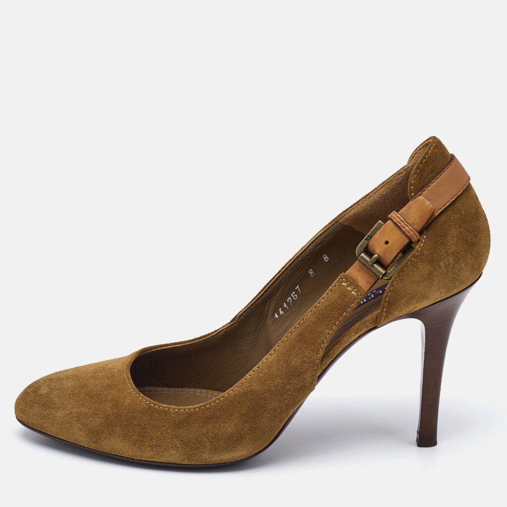 luxury-women-ralph-lauren-collection-used-shoes-p1141666-010 Ralph Lauren Collection Tan Leather and Suede Buckle Pumps Size 38