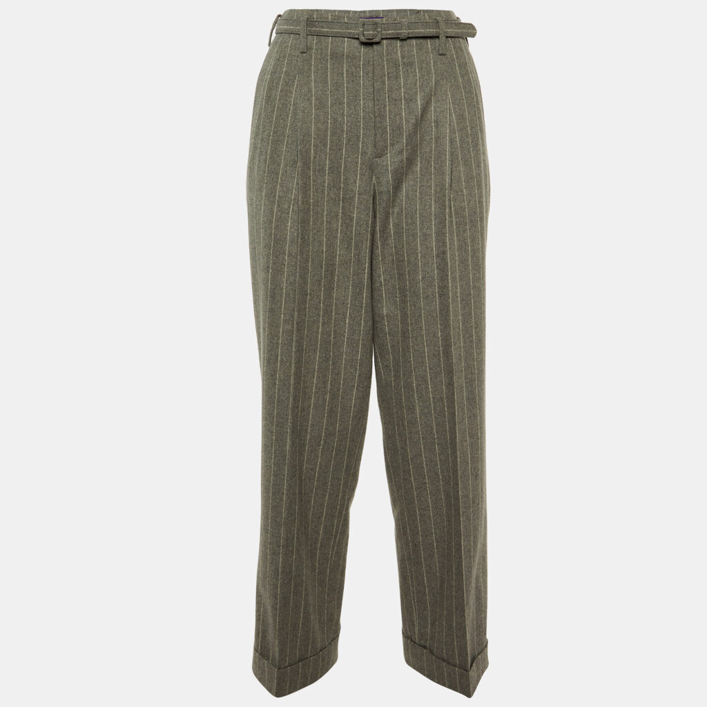 luxury-women-ralph-lauren-purple-label-used-clothes-p1141077-004 Ralph Lauren Grey Striped Wool Belted Formal Trousers S