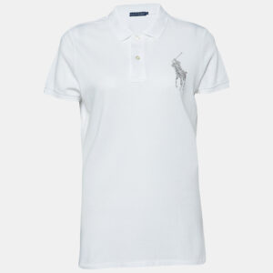 Ralph Lauren White Cotton Pique Logo Embellished Polo T-Shirt L