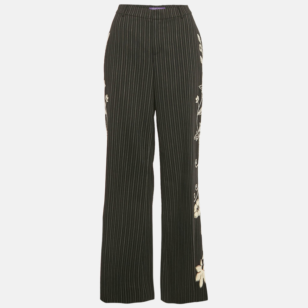 Ralph Lauren Black Embroidered Stripe Wool Wide-Leg Trousers M