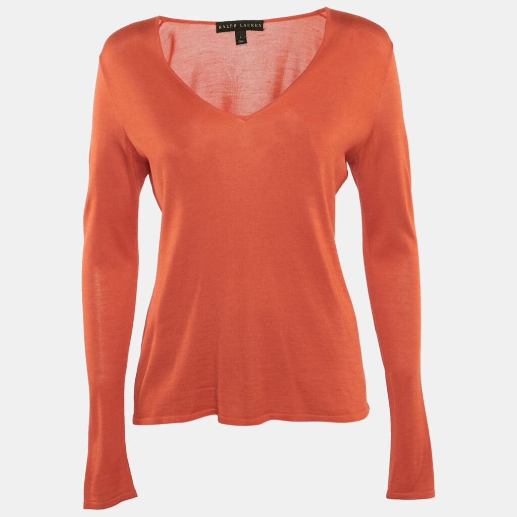 Ralph Lauren Orange Silk and Cashmere Long Sleeve Sweater Top L