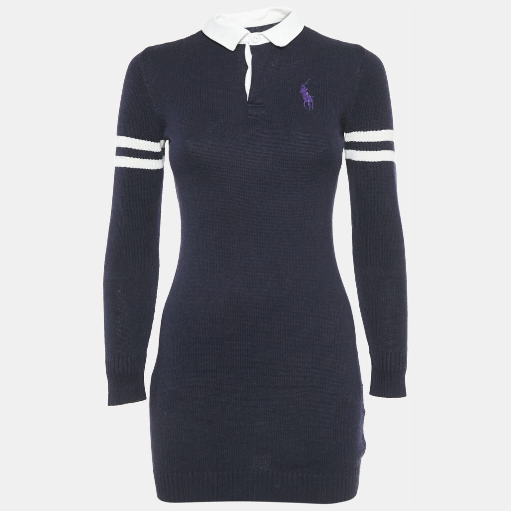 luxury-women-ralph-lauren-used-clothes-p1145728-005 Ralph Lauren Navy Blue Cotton Knit Polo Sweater Dress L