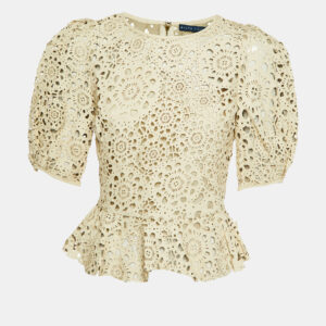 ralph lauren cream floral cut out leather peplum top l