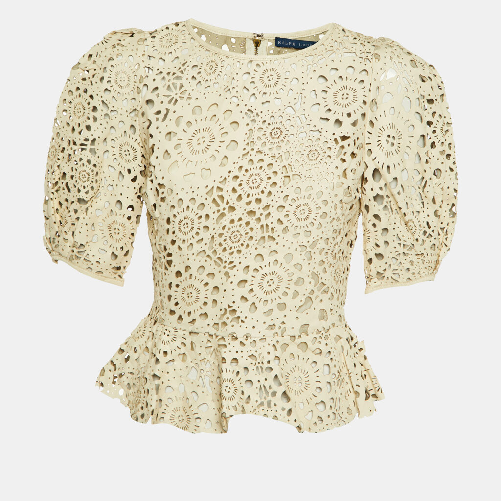 luxury-women-ralph-lauren-used-clothes-p1148008-001.jpg Ralph Lauren Cream Floral Cut Out Leather Peplum Top L
