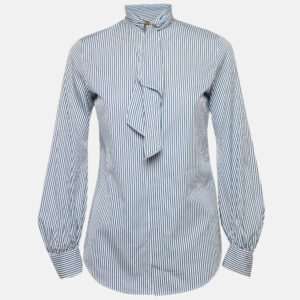 Ralph Lauren Blue Stripe Cotton Neck Detail Button Front Blouse S
