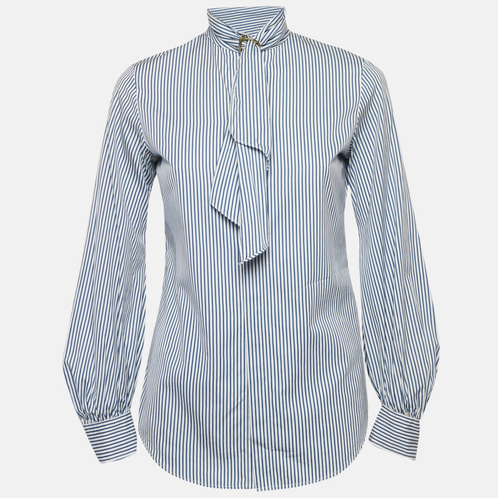 luxury-women-ralph-lauren-used-clothes-p1159733-003 Ralph Lauren Blue Stripe Cotton Neck Detail Button Front Blouse S