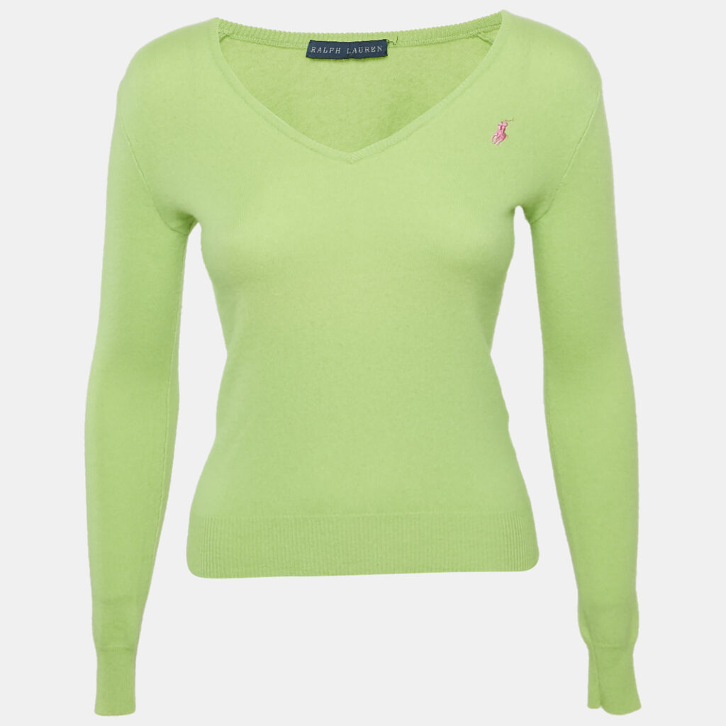 Ralph Lauren Light Green Cashmere V-Neck Long Sleeve Sweater S