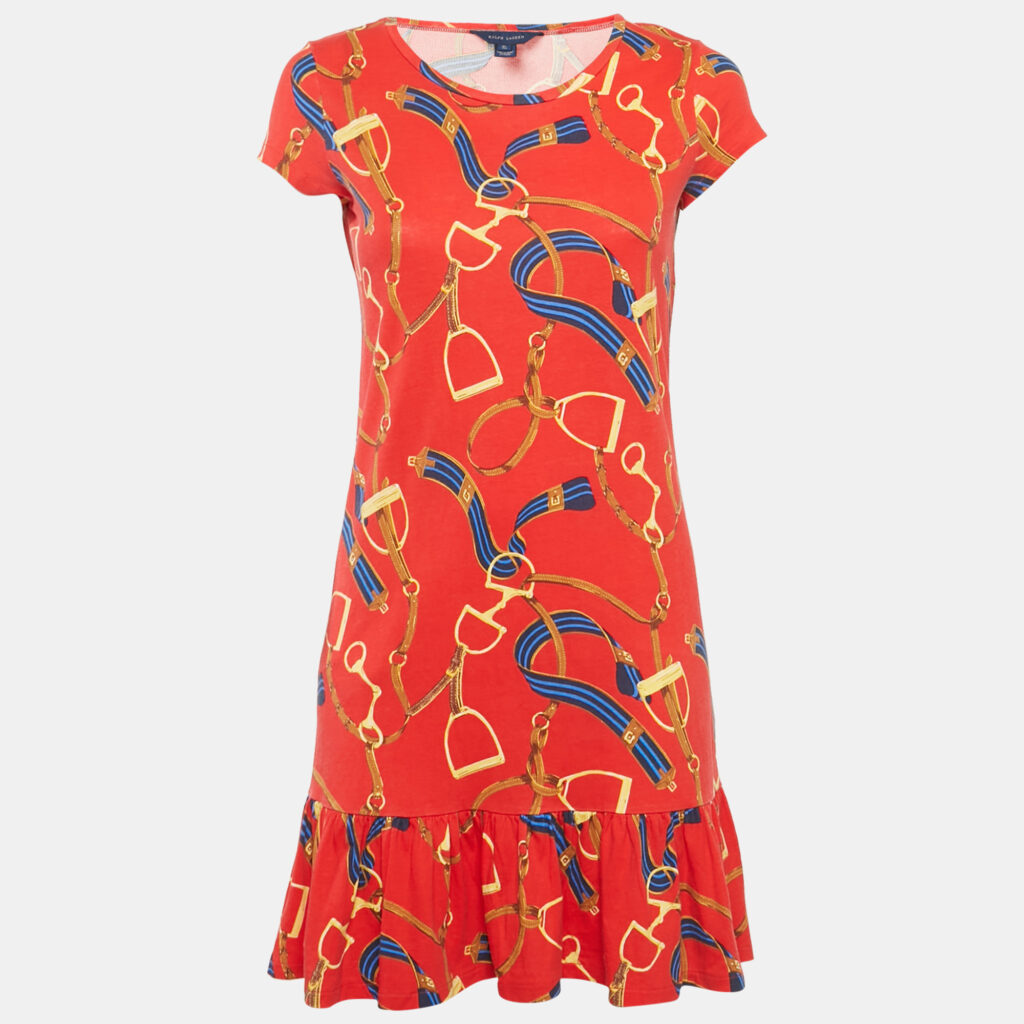 luxury-women-ralph-lauren-used-clothes-p1169941-003 Ralph Lauren Red Printed Cotton Knit Ruffle Hem Mini Dress XL
