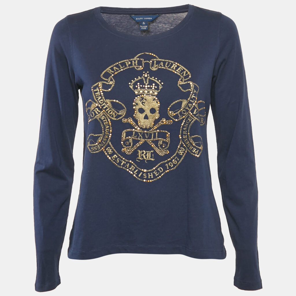 luxury-women-ralph-lauren-used-clothes-p1169952-003 Ralph Lauren Navy Blue Logo Embellished Detail Cotton Knit Long Sleeve t-Shirt XL
