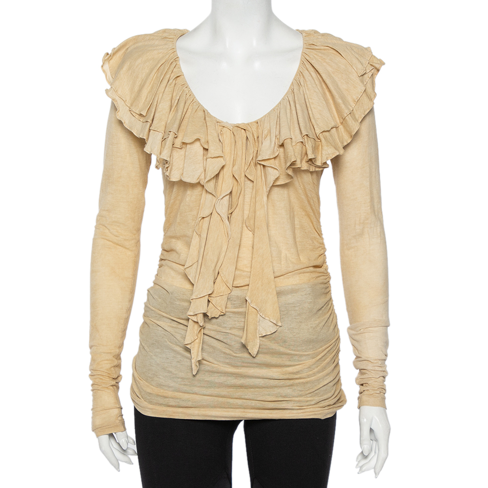 luxury-women-ralph-lauren-used-clothes-p474406-002 Ralph Lauren Beige Cool Dye Effect Cotton Knit Ruffle Detail Ruched Top S