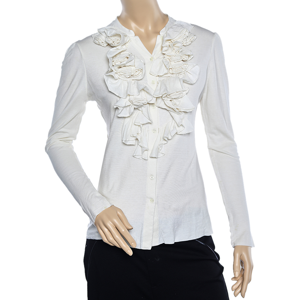 luxury-women-ralph-lauren-used-clothes-p565385-006-2 Ralph Lauren Off White Knit Ruffled Neck Button Front Top L