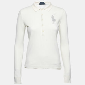 Ralph Lauren Cream Cotton Pique Logo Embellished Skinny Polo T-Shirt XS