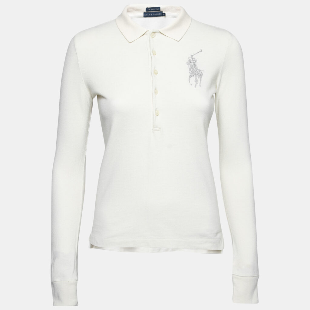 luxury-women-ralph-lauren-used-clothes-p678893-002-1 Ralph Lauren Cream Cotton Pique Logo Embellished Skinny Polo T-Shirt XS