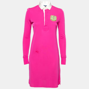 Ralph Lauren Pink Jersey Embroidered Long Sleeve Dress S