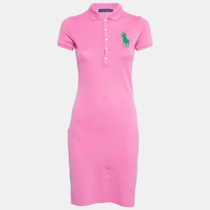 Ralph Lauren Pink Logo Embroidered Cotton Pique Short Sleeve Dress XS