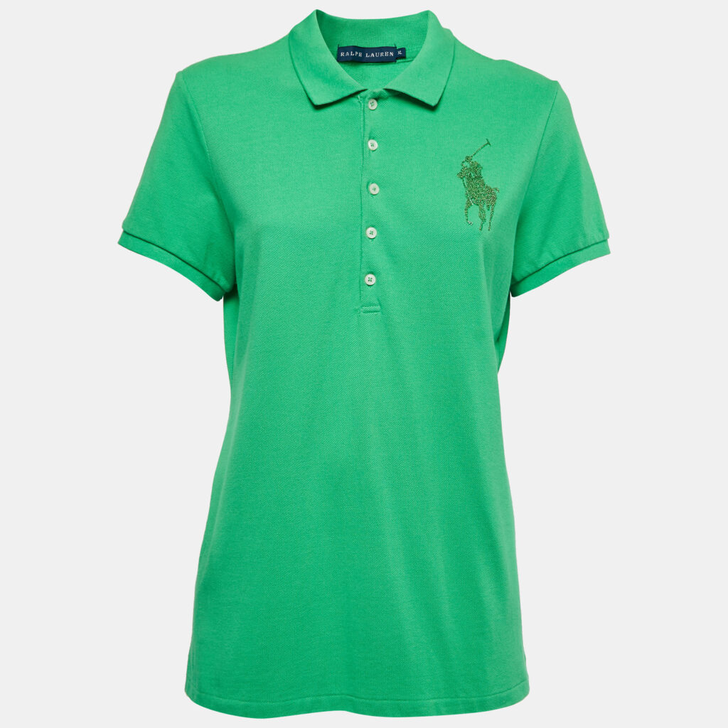 luxury-women-ralph-lauren-used-clothes-p853742-001 Ralph Lauren Green Cotton Crystal Logo Embellished Polo T-Shirt XL