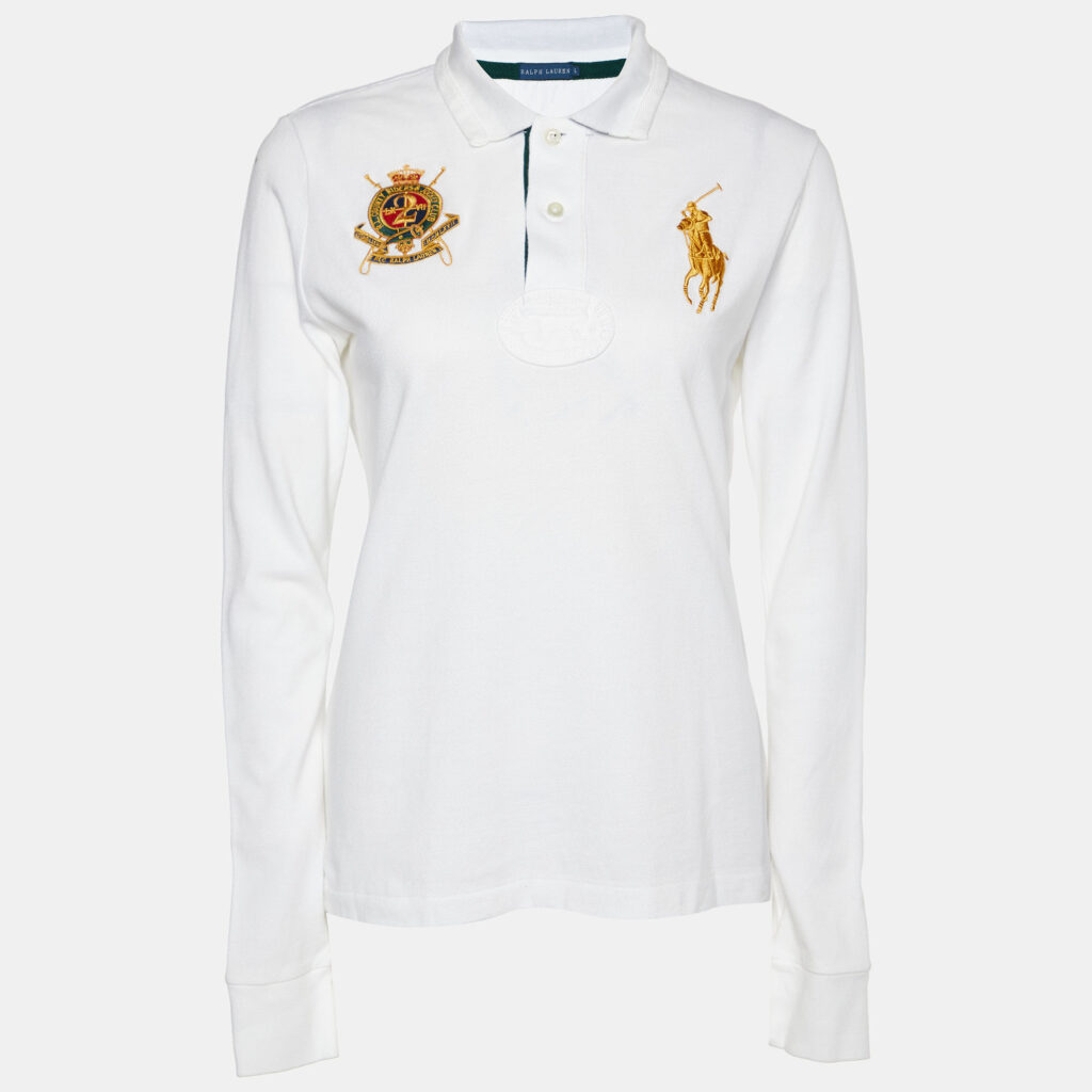 luxury-women-ralph-lauren-used-clothes-p861805-001 Ralph Lauren White Embroidered Cotton Knit Long Sleeve Polo T-Shirt L