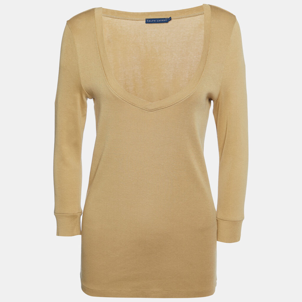 luxury-women-ralph-lauren-used-clothes-p888604-001 Ralph Lauren Light Brown Cotton Knit Wide V-Neck T-Shirt L