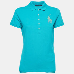 Ralph Lauren Teal Blue Cotton Glitter Logo Polo T-Shirt L